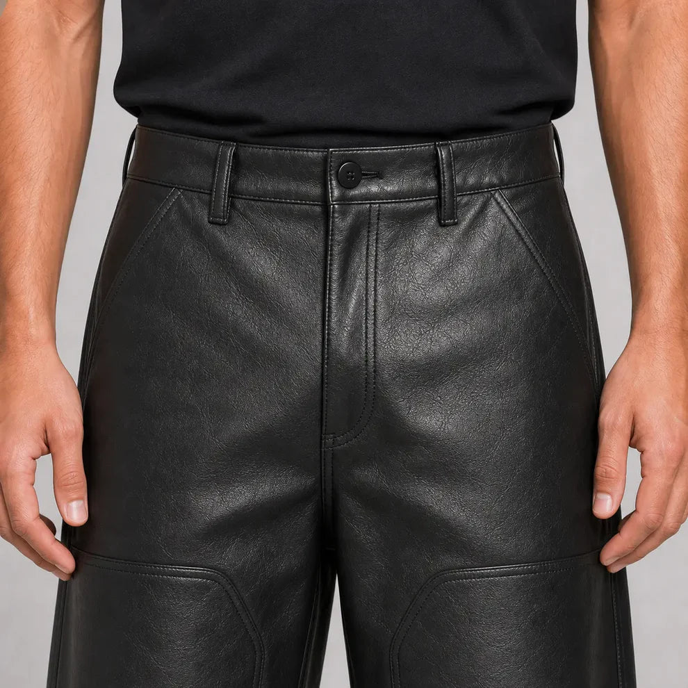 Men's Black Cow Leather Double-Knee Shorts