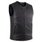 Men’s Black Genuine Leather Biker Vest with Zipper MDM9236  Motorcycle Vest