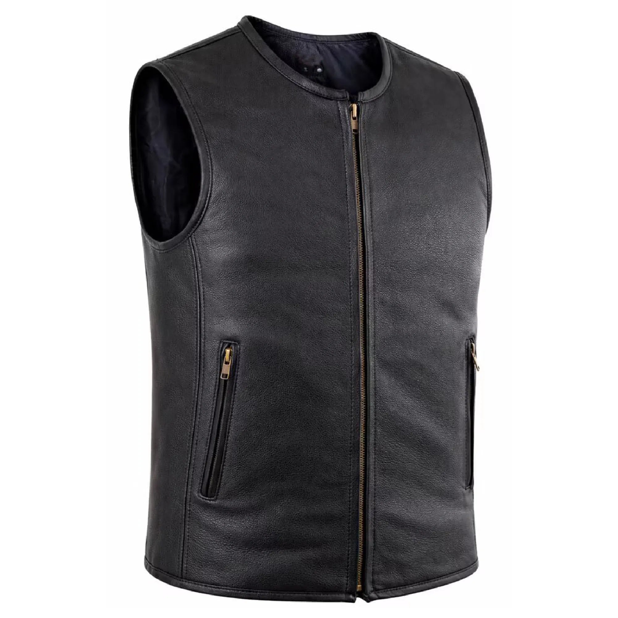 Men’s Black Genuine Leather Biker Vest with Zipper MDM9236  Motorcycle Vest