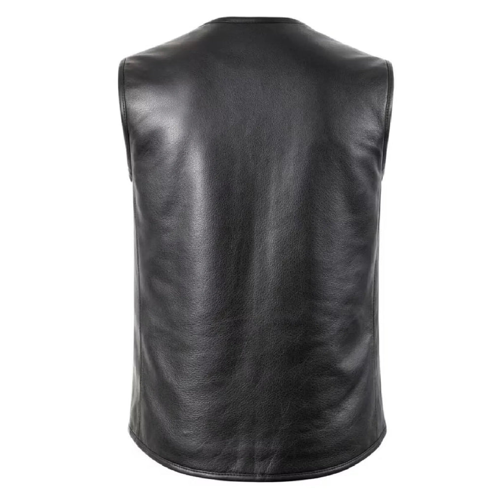 Men’s Black Genuine Leather Biker Vest with Zipper MDM9236  Motorcycle Vest