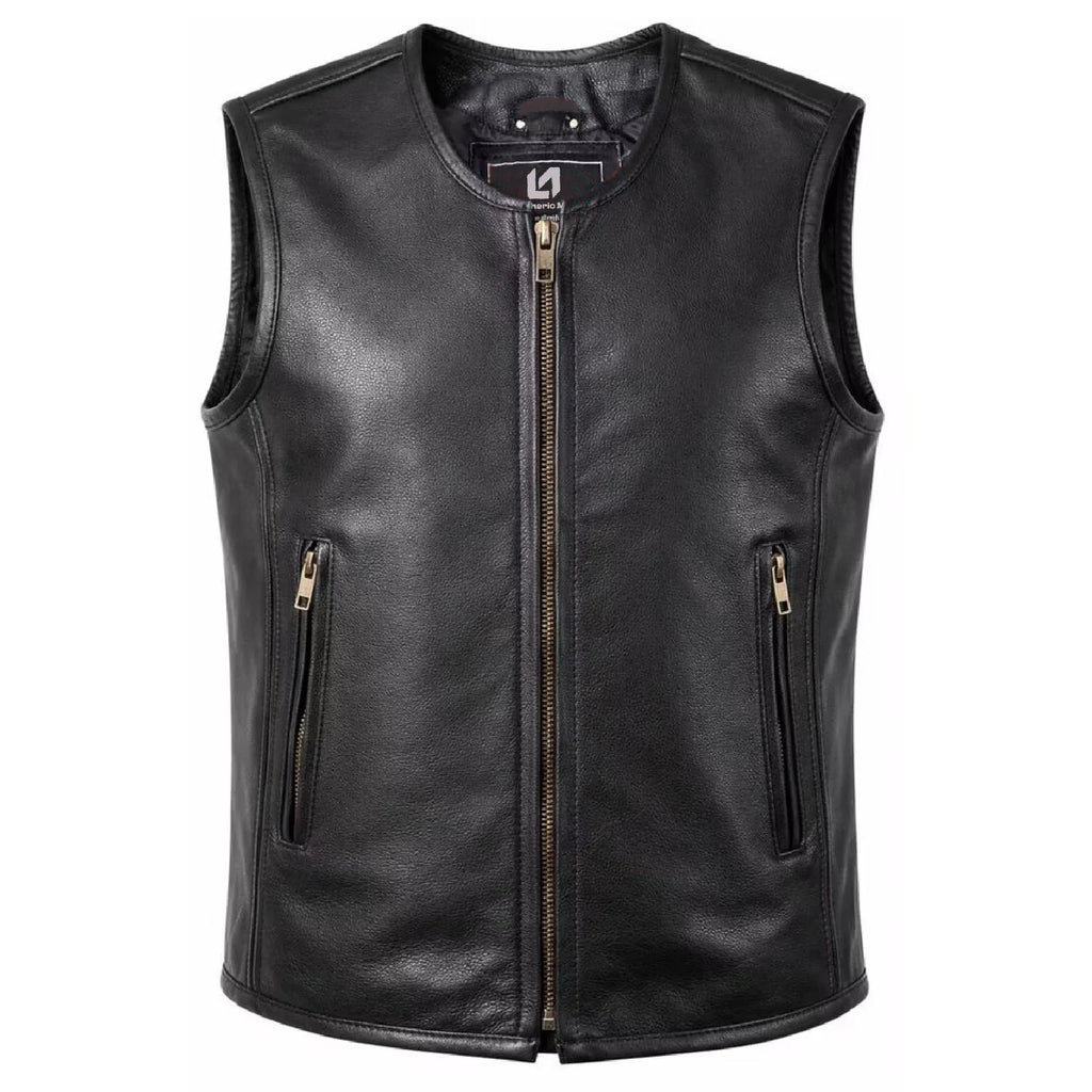 Men’s Black Genuine Leather Biker Vest with Zipper MDM9236  Motorcycle Vest
