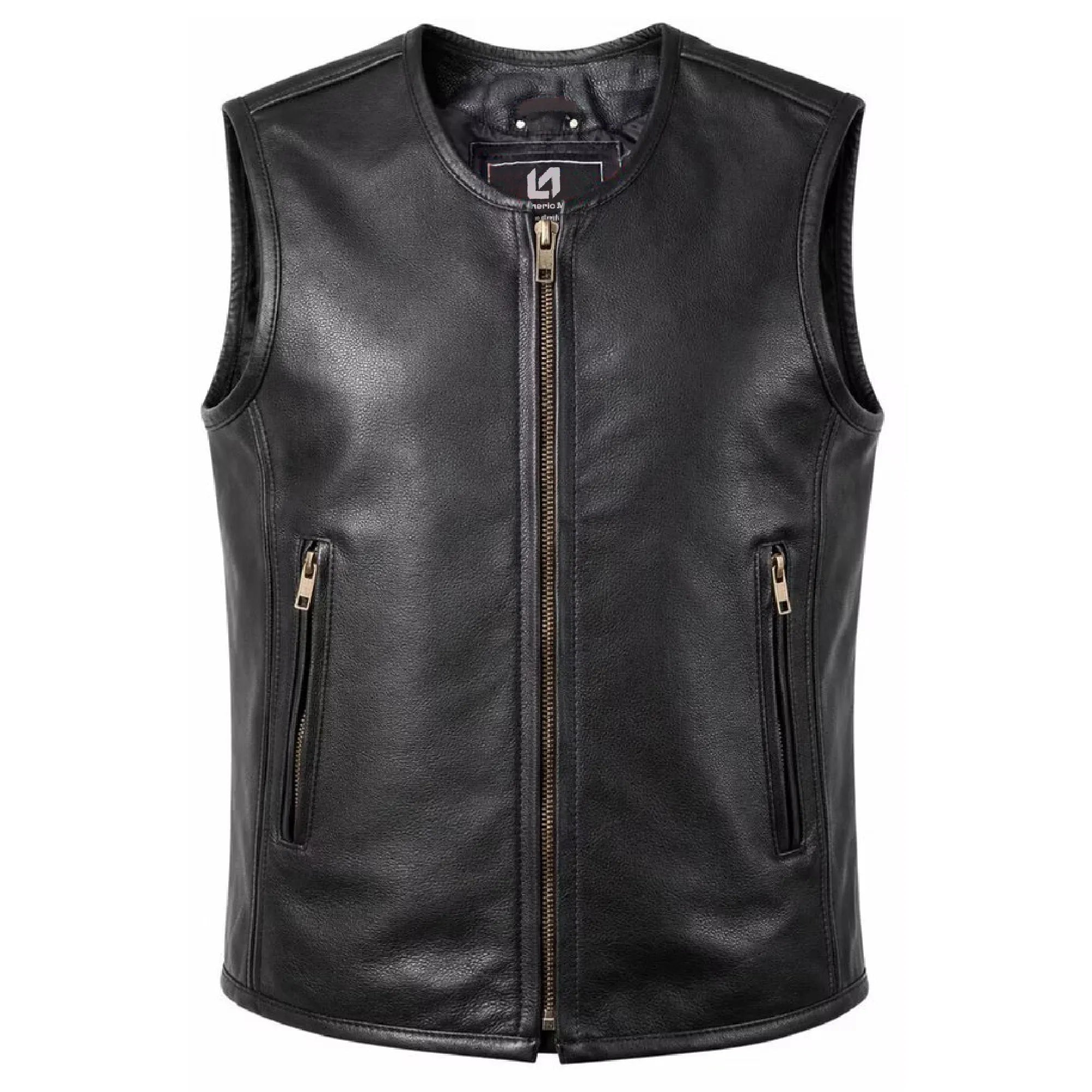 Men’s Black Genuine Leather Biker Vest with Zipper MDM9236  Motorcycle Vest