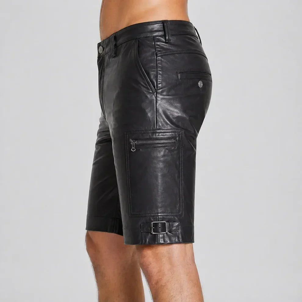 Men’s Black Lambskin Leather Cargo Biker Shorts  Genuine Leather  Leathericmen