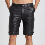 Men’s Black Lambskin Leather Cargo Biker Shorts  Genuine Leather  Leathericmen