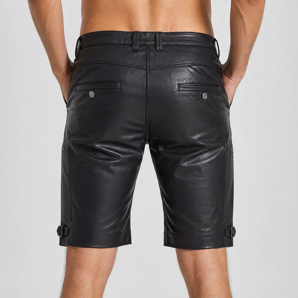Men’s Black Lambskin Leather Cargo Biker Shorts  Genuine Leather  Leathericmen