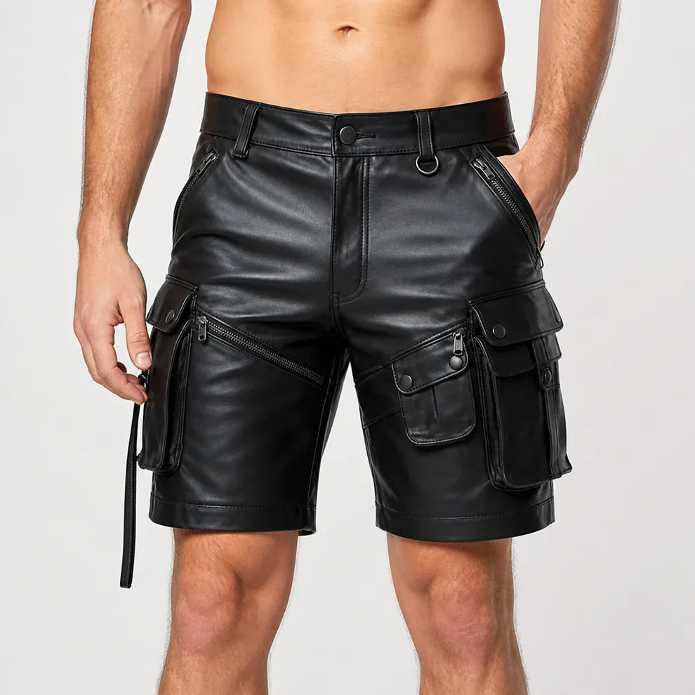 Men’s Black Lambskin Leather Cargo Shorts with Multi Pockets | Biker Style | Leathericmen