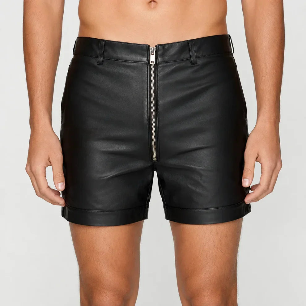 Men’s Black Lambskin Leather Shorts with Full Zipper  Genuine Leather  Leathericmen
