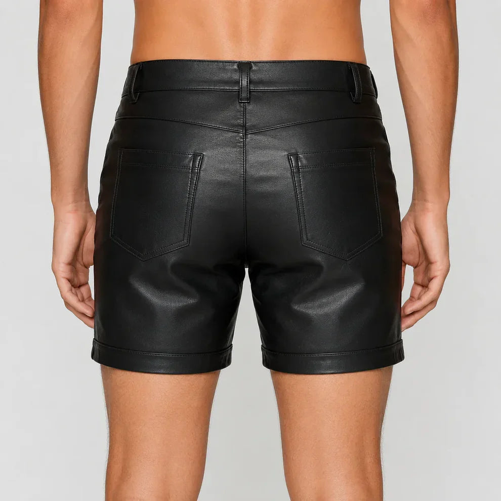 Men’s Black Lambskin Leather Shorts with Full Zipper  Genuine Leather  Leathericmen