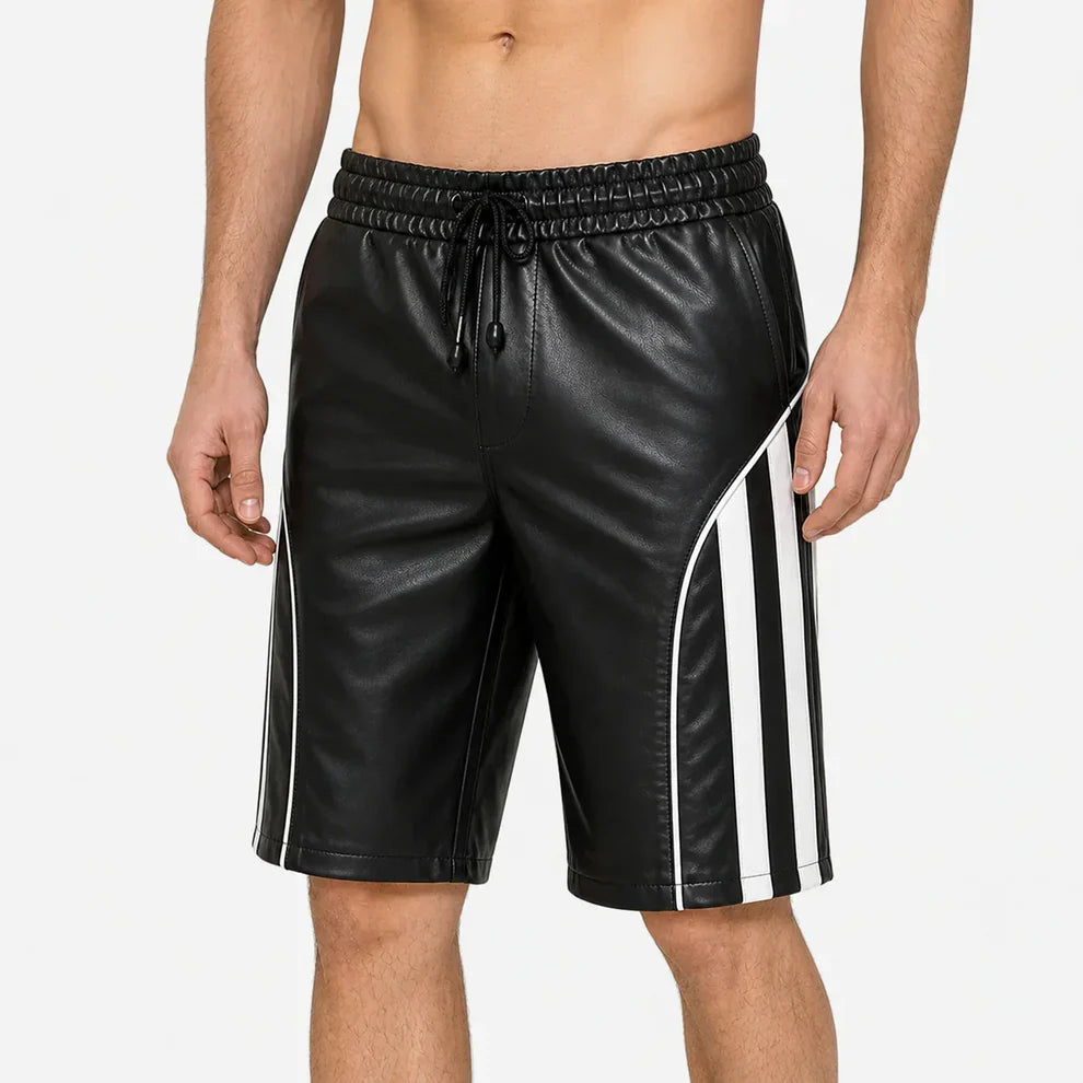 Men’s Black Lambskin Leather Shorts with Side Stripe | Knee Length Premium | Leathericmen