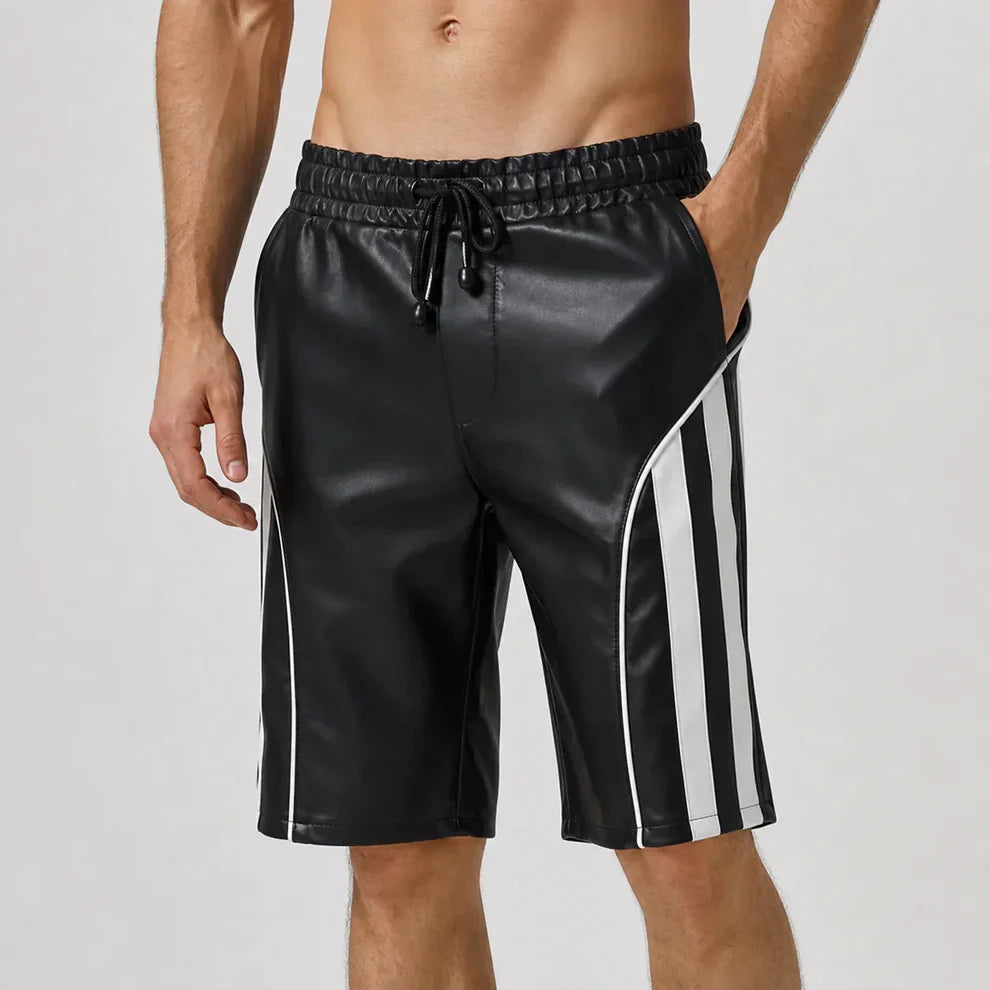 Men’s Black Lambskin Leather Shorts with Side Stripe | Knee Length Premium | Leathericmen