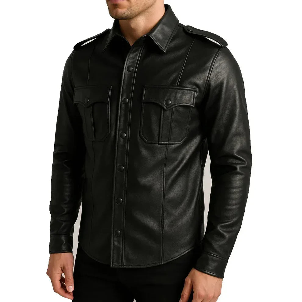 Men’s Black Leather Police Shirt – Genuine Leather Bold Style