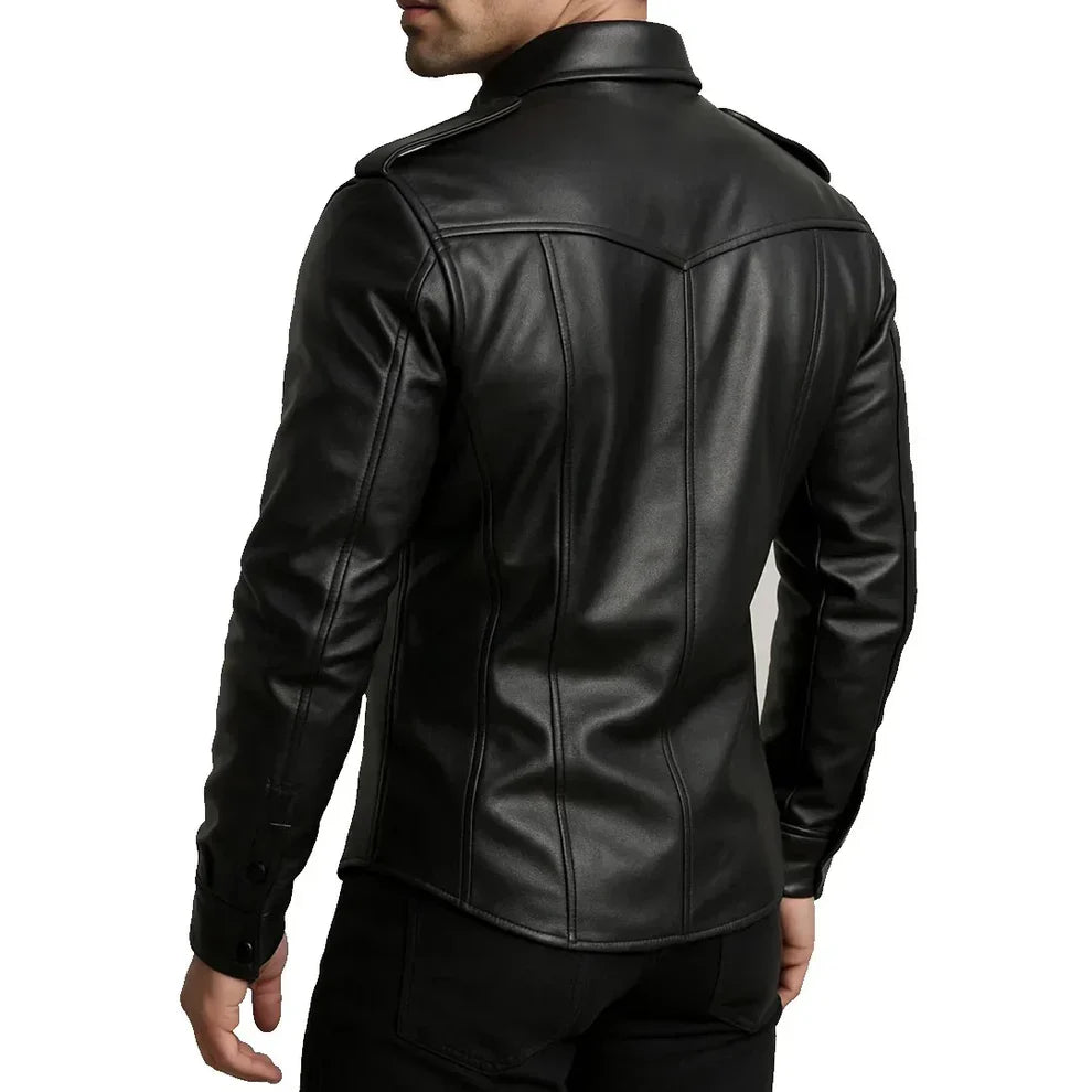 Men’s Black Leather Police Shirt – Genuine Leather Bold Style