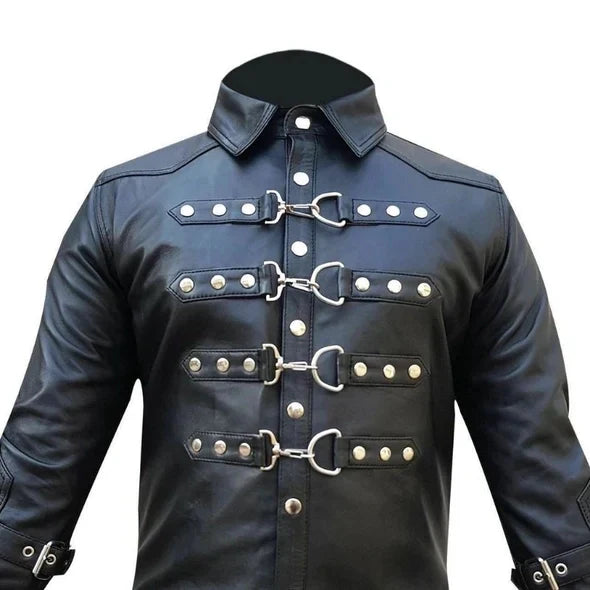 Black leather jacket with silver buckles on a white background