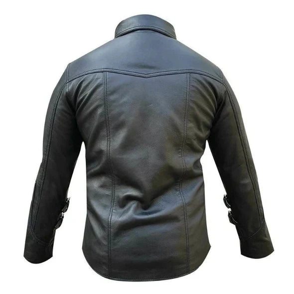 Black leather jacket on a white background