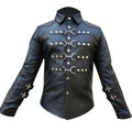 Black leather jacket with silver buckles on a white background