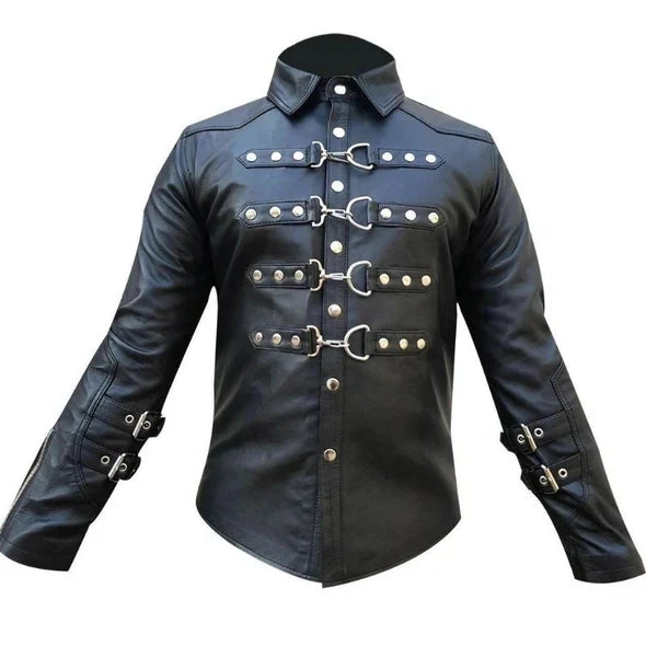 Black leather jacket with silver buckles on a white background