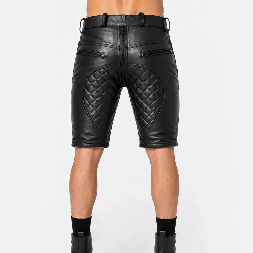 Men’s Black Quilted Lambskin Leather Biker Shorts with Full Zipper  Leathericmen