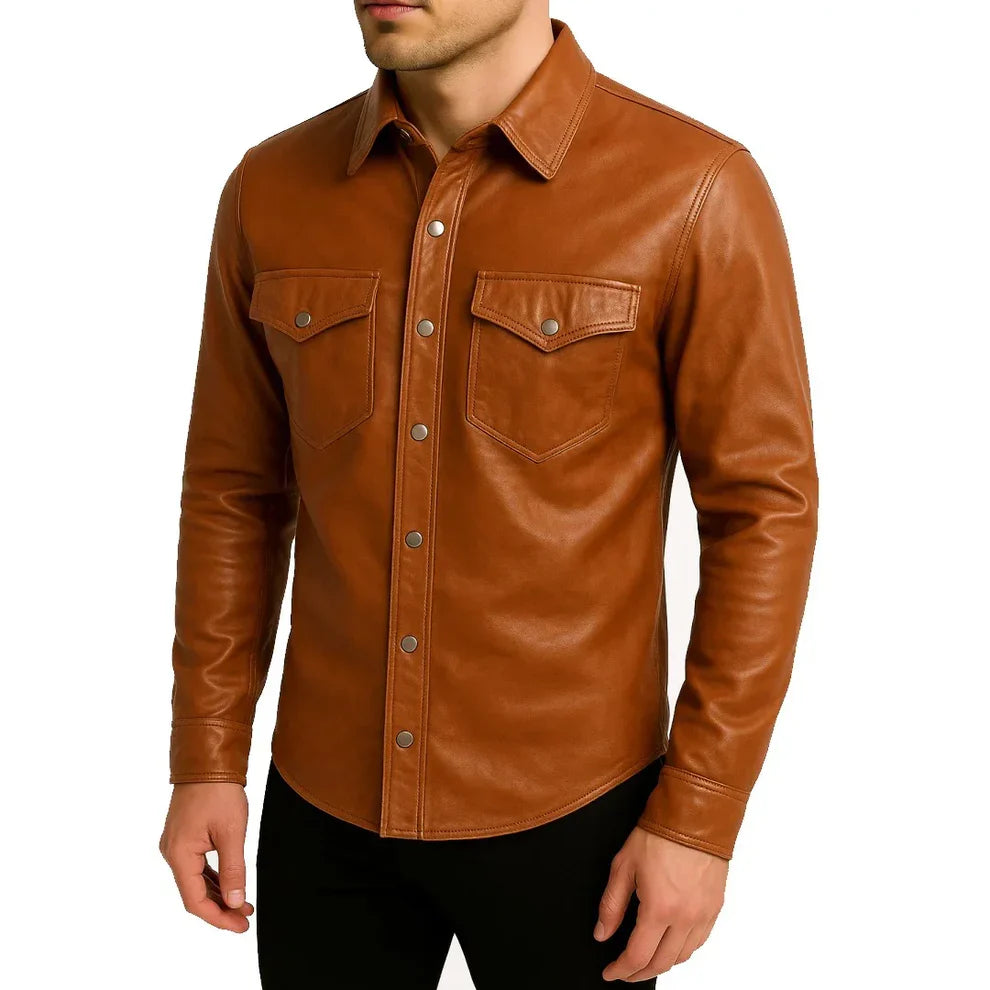 Men’s Brown Leather Shirt Jacket – Genuine Cowhide Shacket