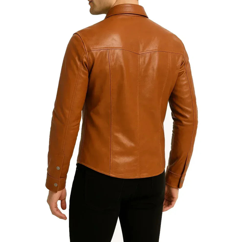 Men’s Brown Leather Shirt Jacket – Genuine Cowhide Shacket