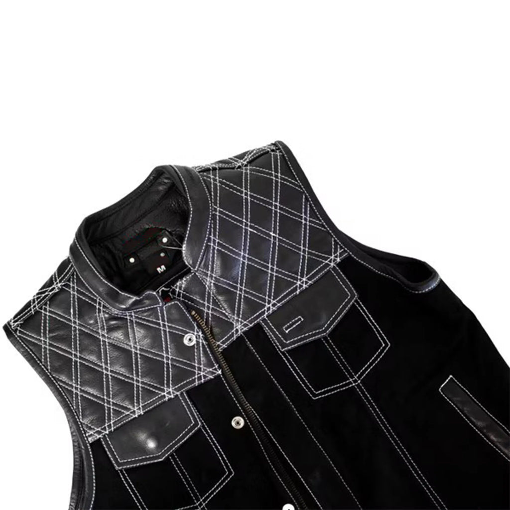 Men’s Clubstyle Leather Vest with Quilted Shoulders MDM9187  Premium Biker Vest
