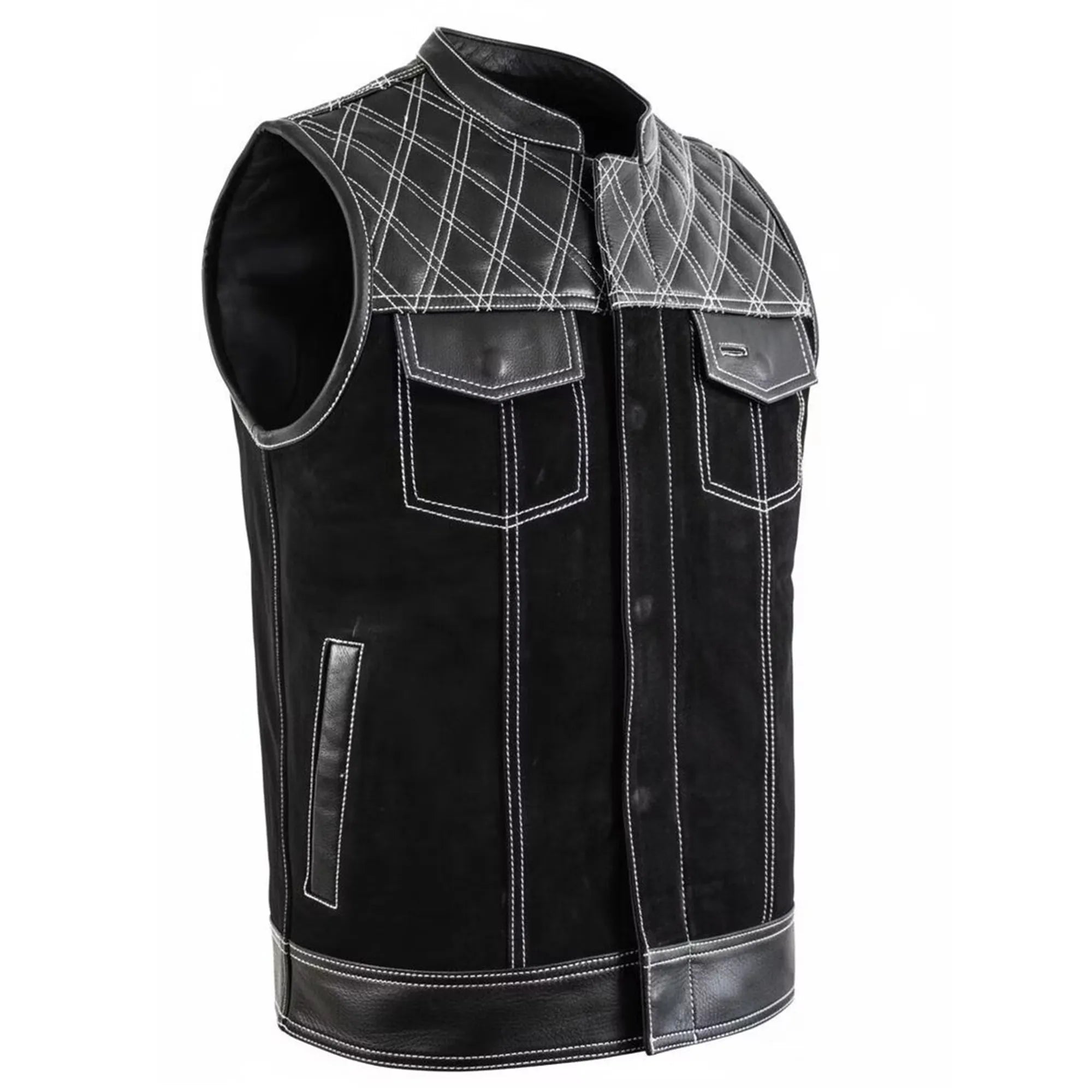Men’s Clubstyle Leather Vest with Quilted Shoulders MDM9187  Premium Biker Vest