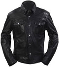 Black leather jacket with button details on a white background