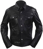 Black leather jacket with button details on a white background