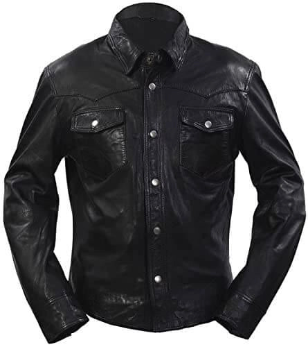 Black leather jacket with button details on a white background