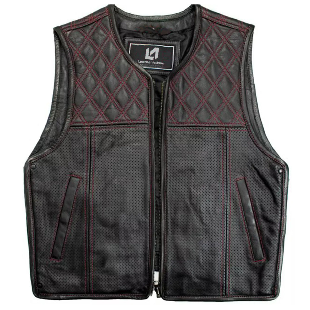 Men’s Hunter Club MC Leather Vest Black/Red MDM9200 | Premium Biker Vest