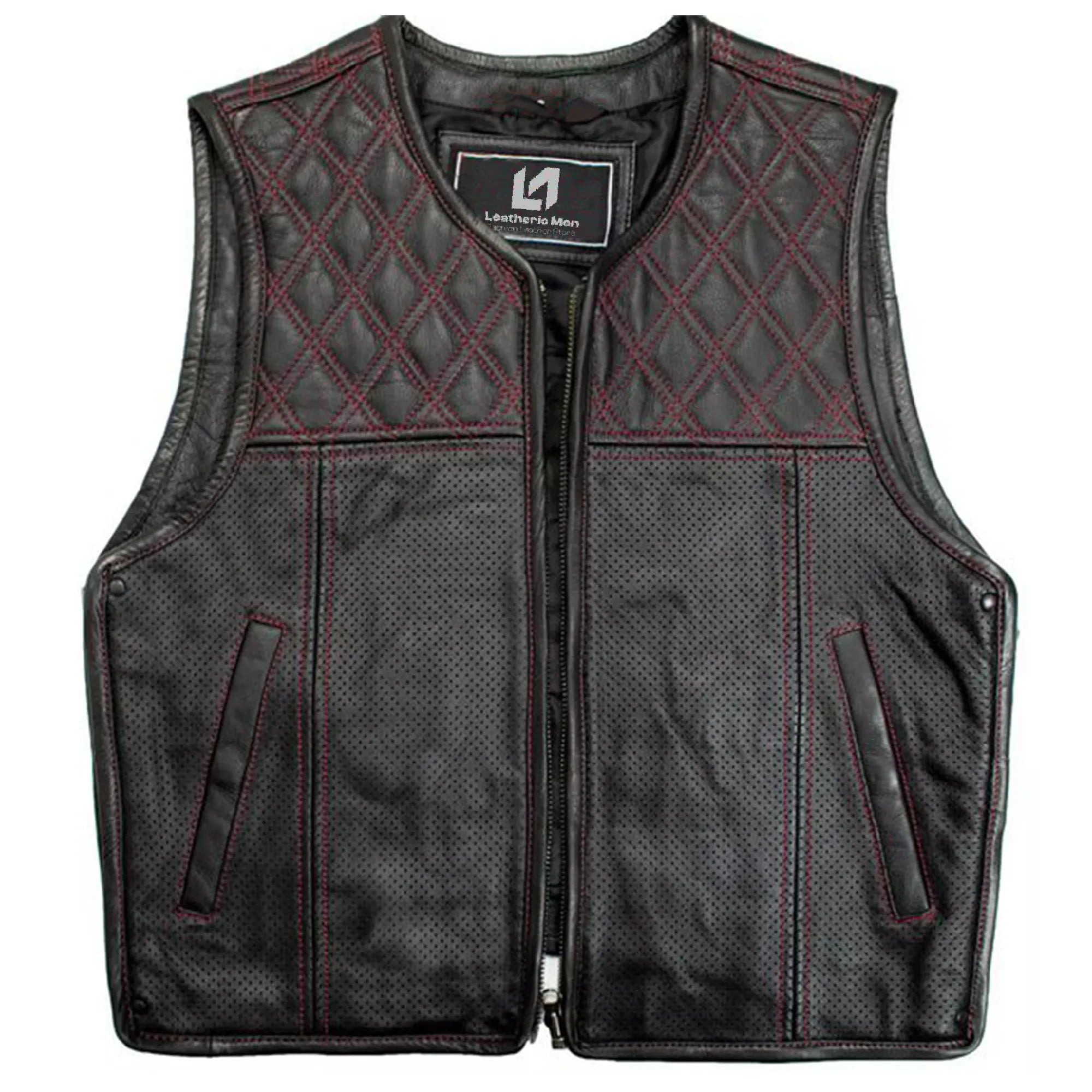 Men’s Hunter Club MC Leather Vest Black/Red MDM9200 | Premium Biker Vest