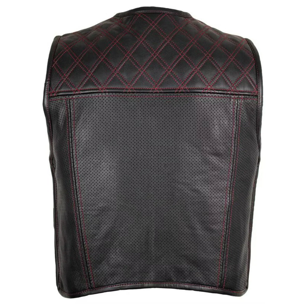 Men’s Hunter Club MC Leather Vest Black/Red MDM9200 | Premium Biker Vest