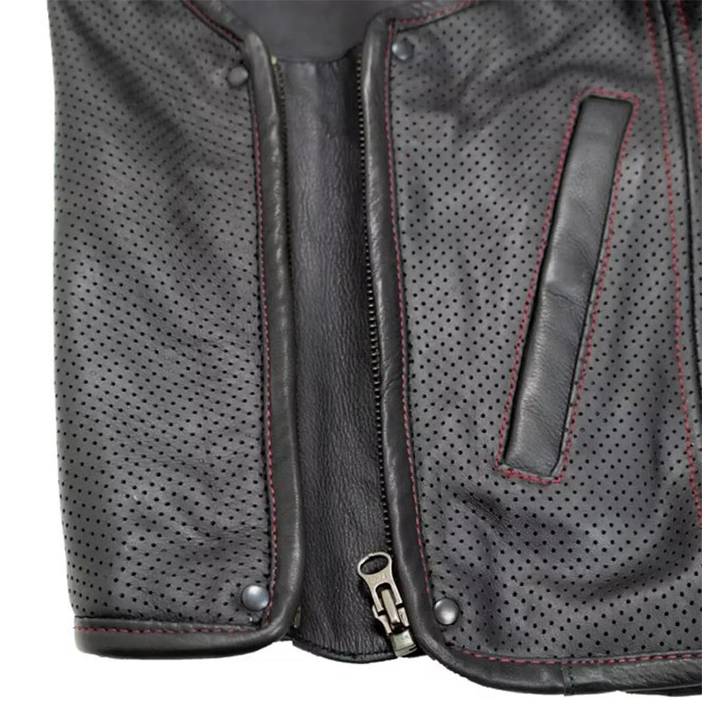 Men’s Hunter Club MC Leather Vest Black/Red MDM9200 | Premium Biker Vest