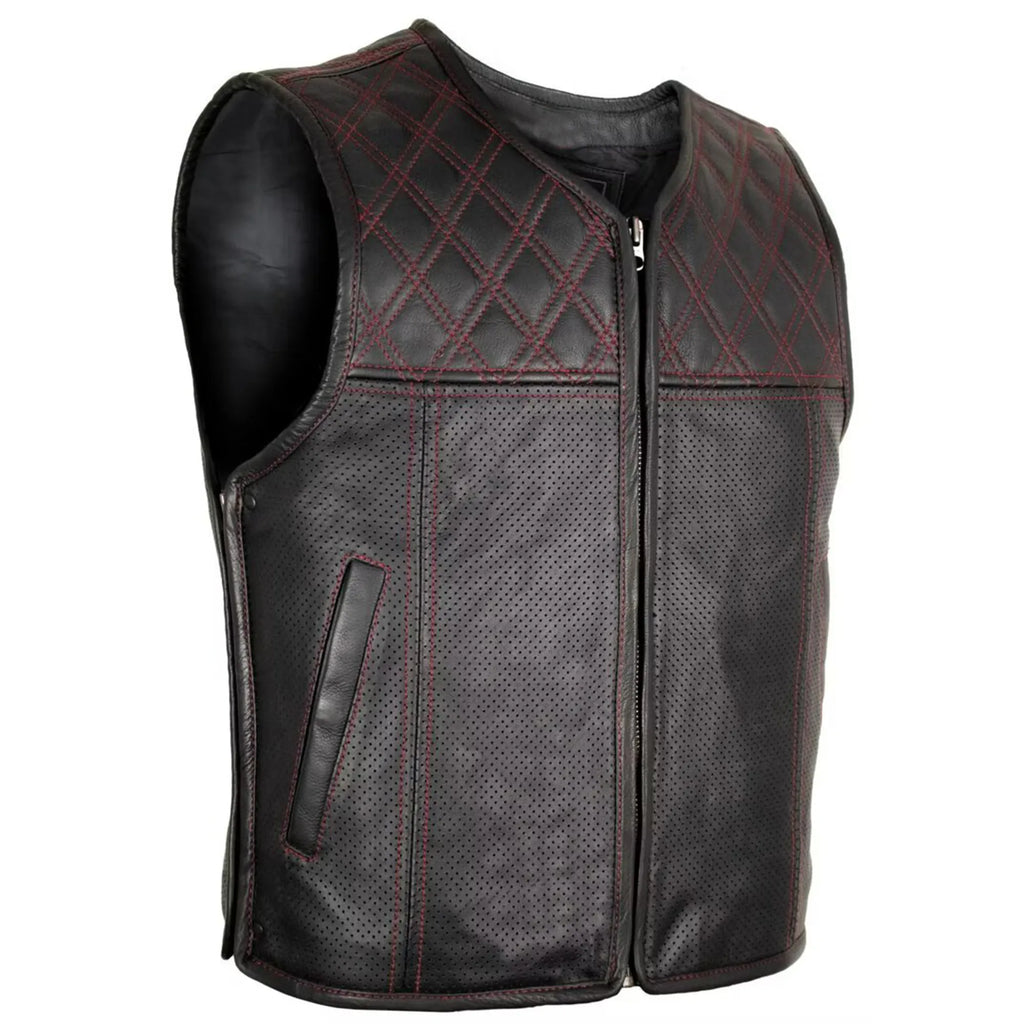 Men’s Hunter Club MC Leather Vest Black/Red MDM9200 | Premium Biker Vest