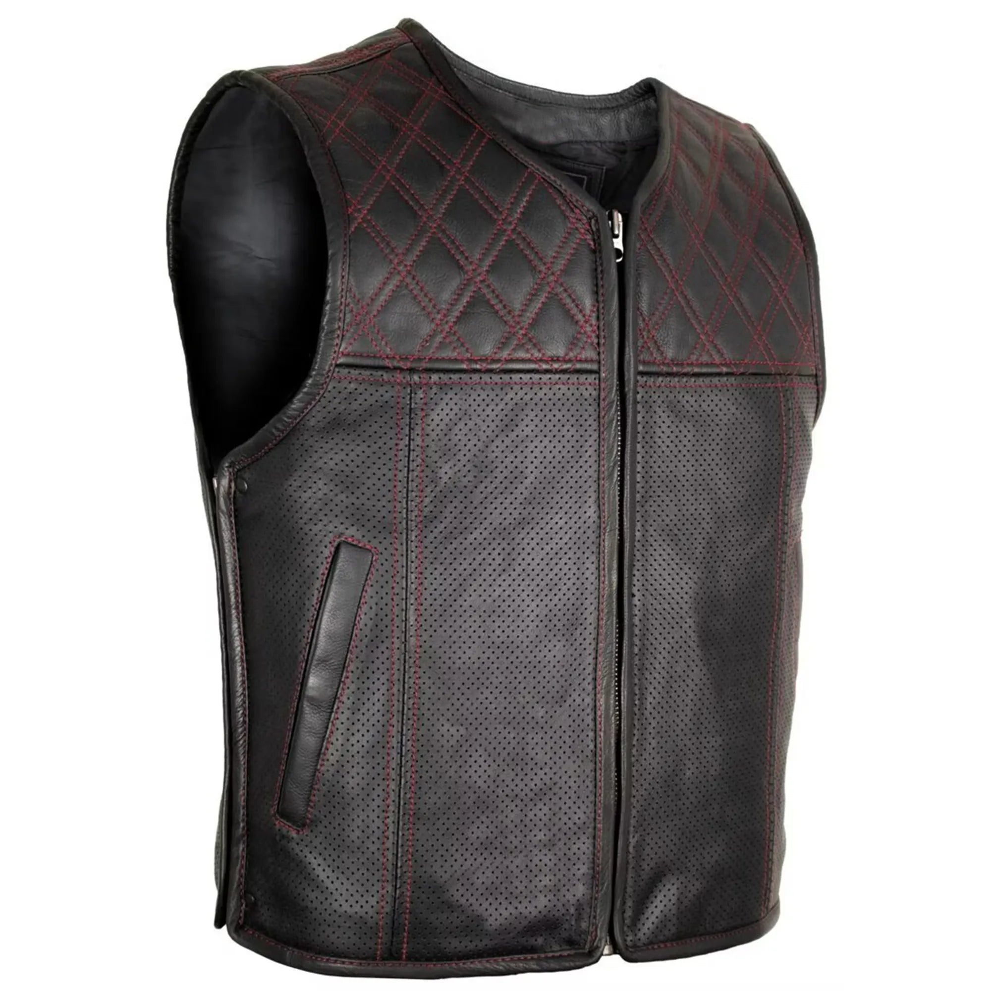 Men’s Hunter Club MC Leather Vest Black/Red MDM9200 | Premium Biker Vest