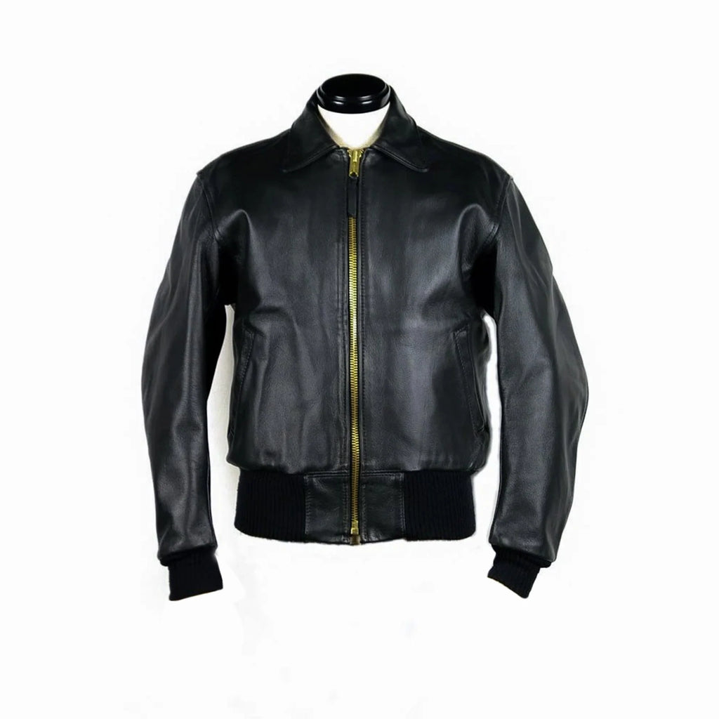 Black leather filght jacket on a mannequin against a white background