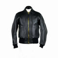 Black leather filght jacket on a mannequin against a white background