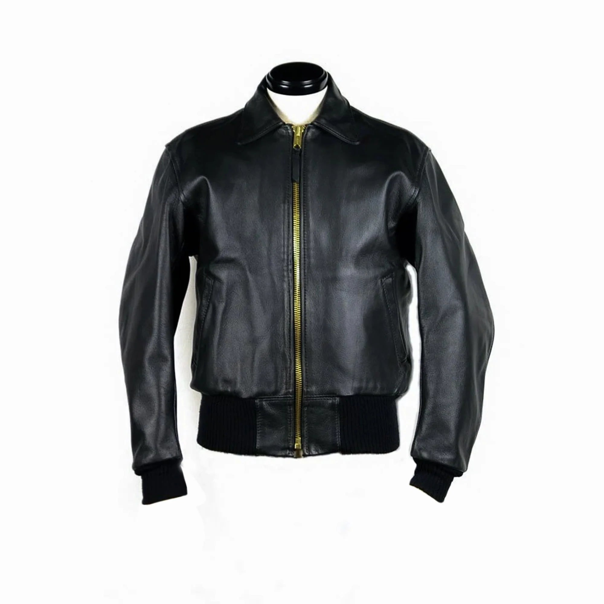 Black leather filght jacket on a mannequin against a white background