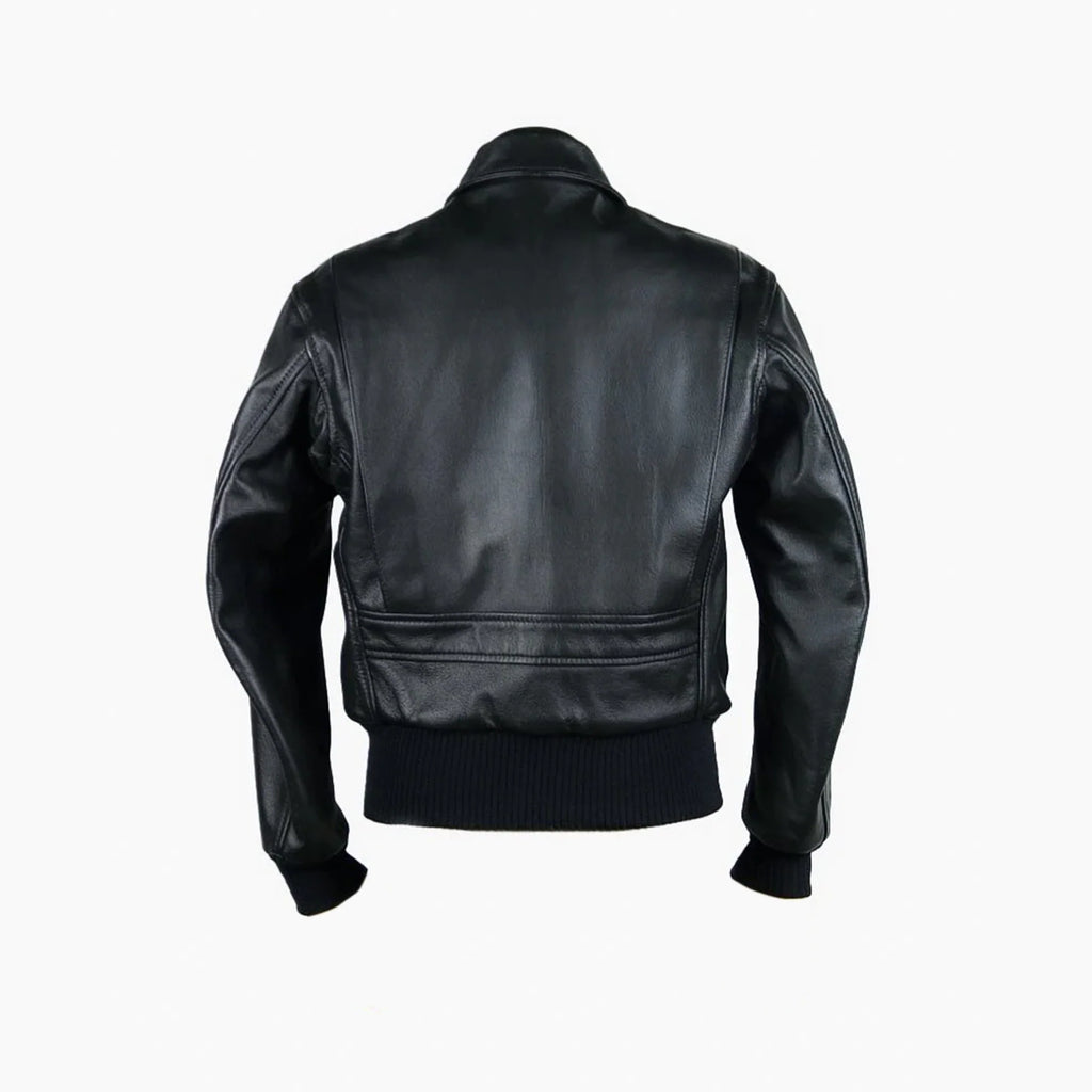 Black flight leather jacket on a white background