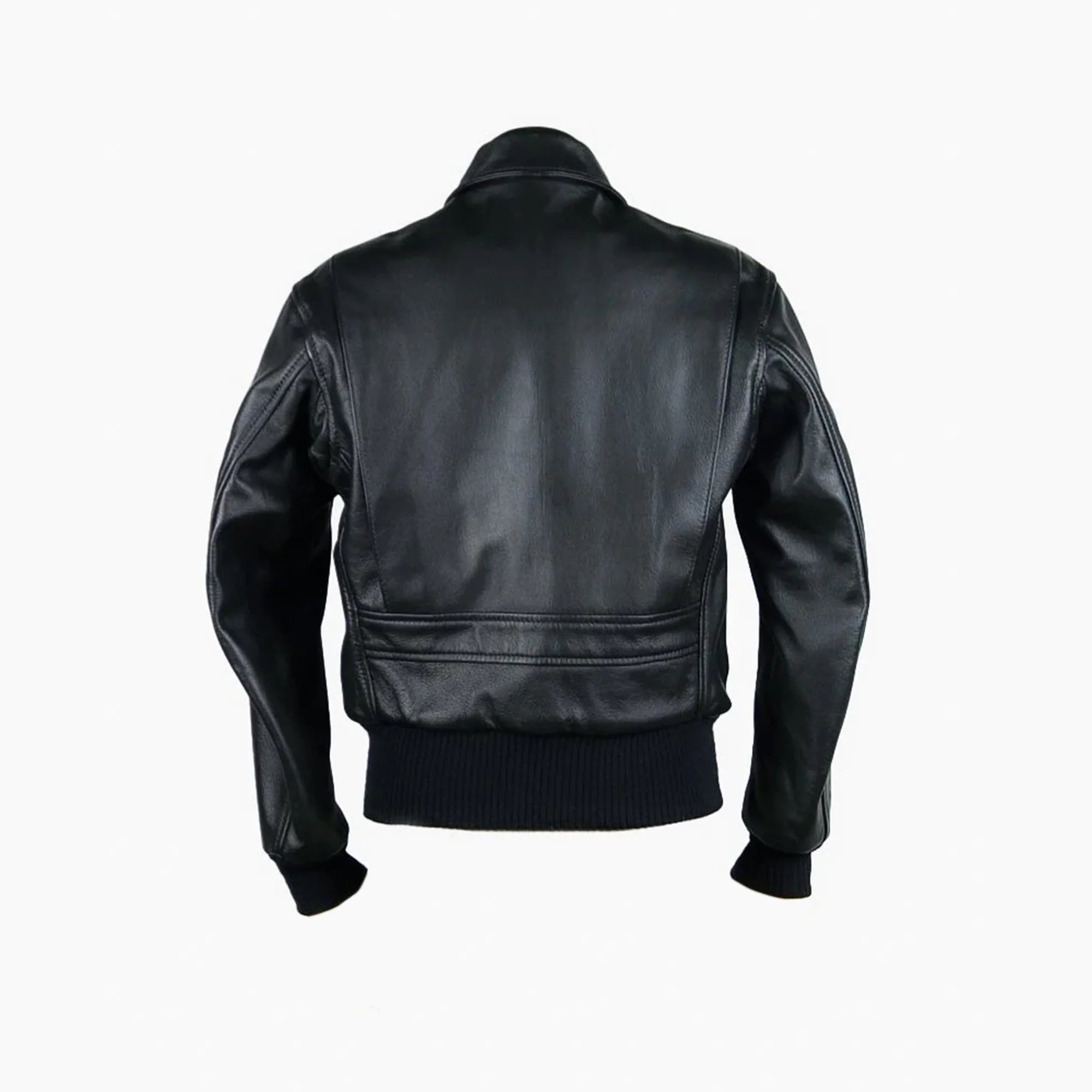 Black flight leather jacket on a white background