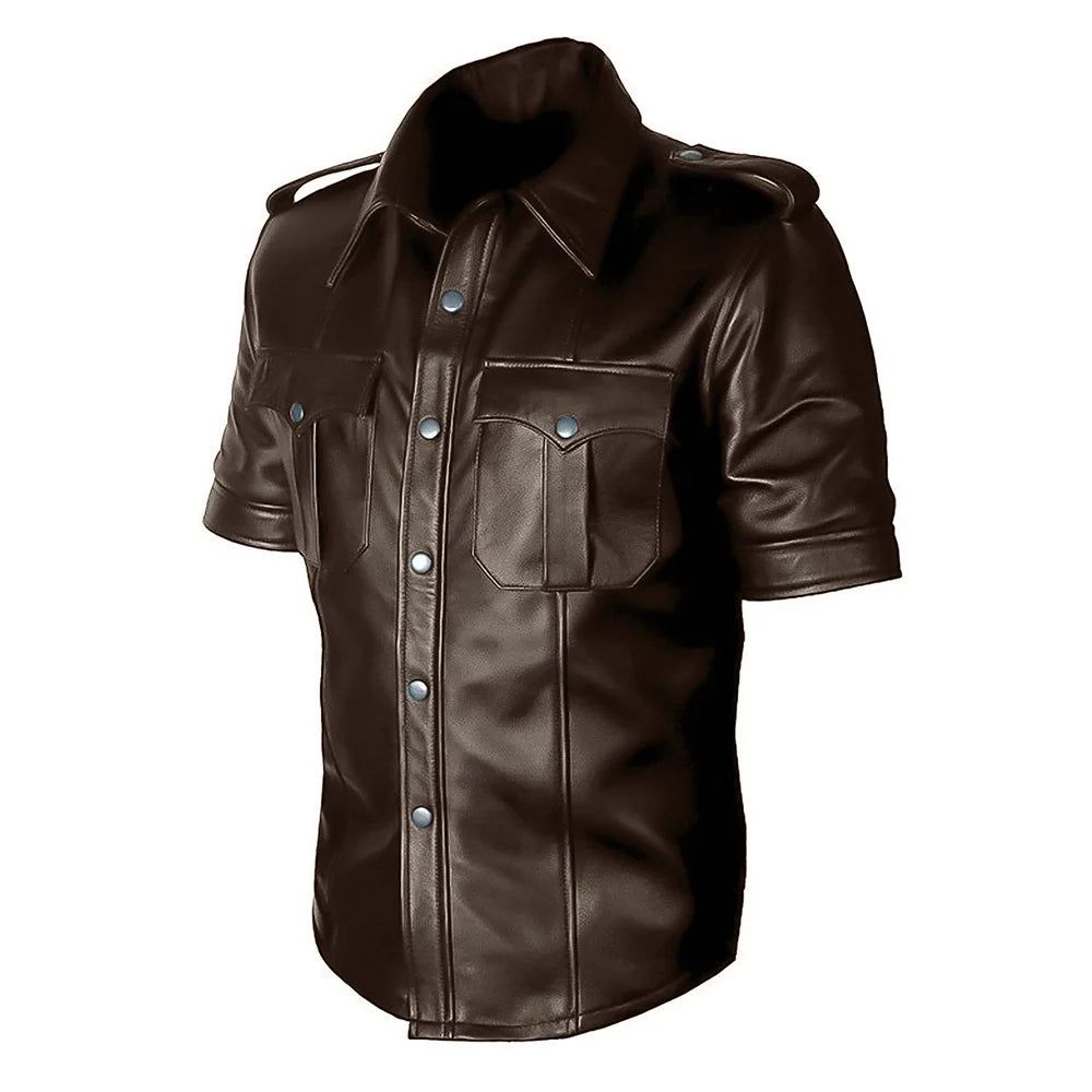 Brown leather shirt with short sleeves on a white background