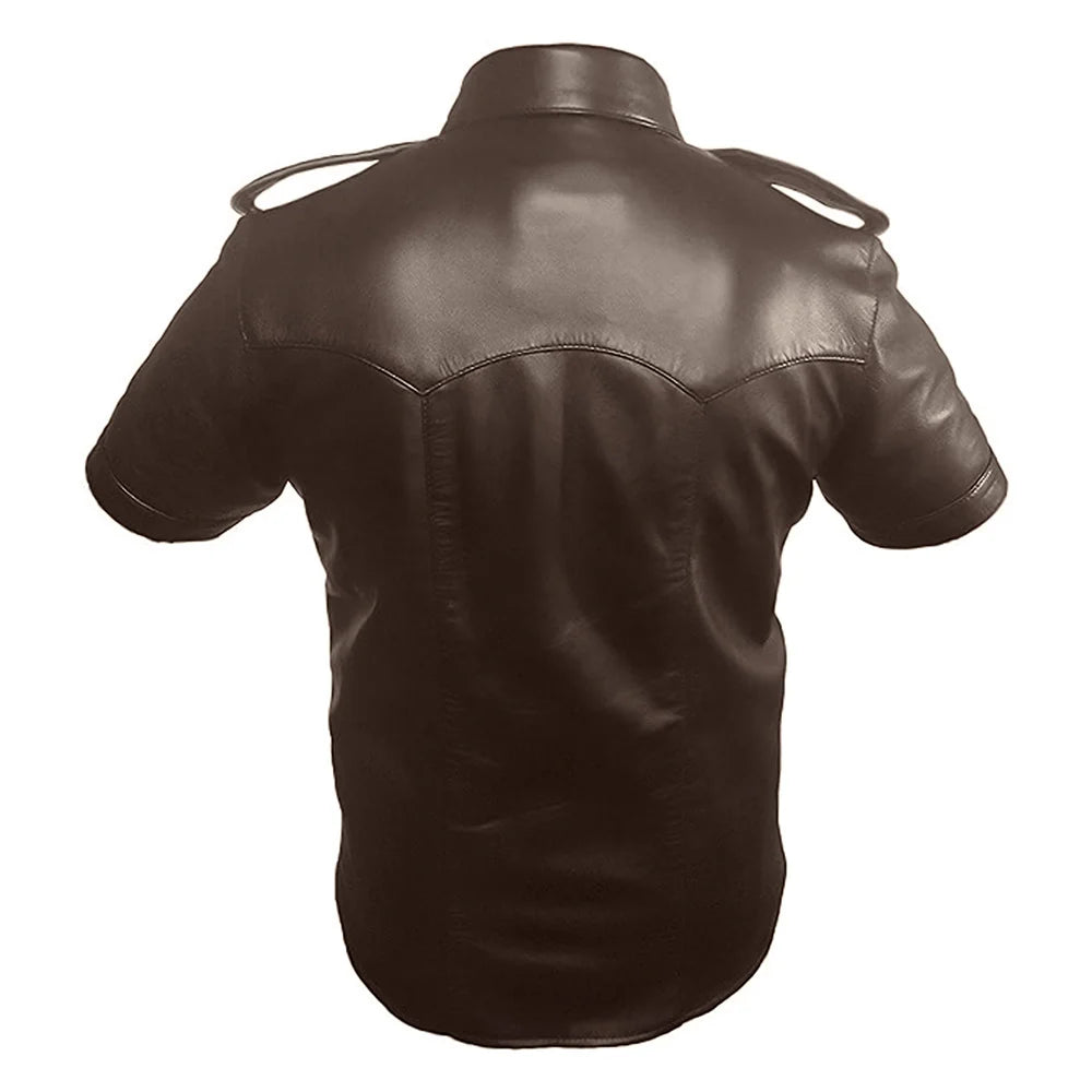 Brown leather shirt with shoulder straps on a white background