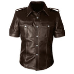 Brown leather shirt with short sleeves on a white background