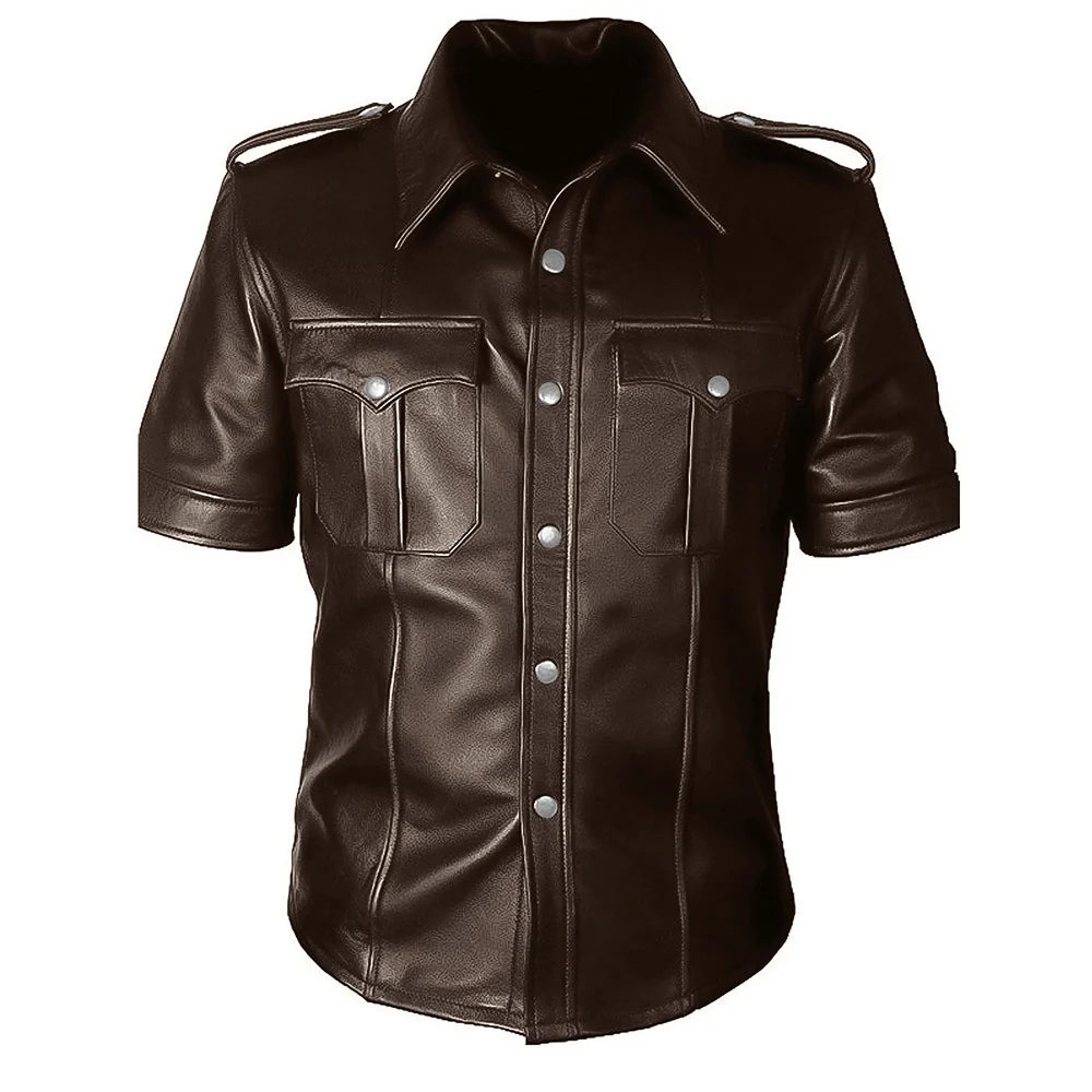 Brown leather shirt with short sleeves on a white background