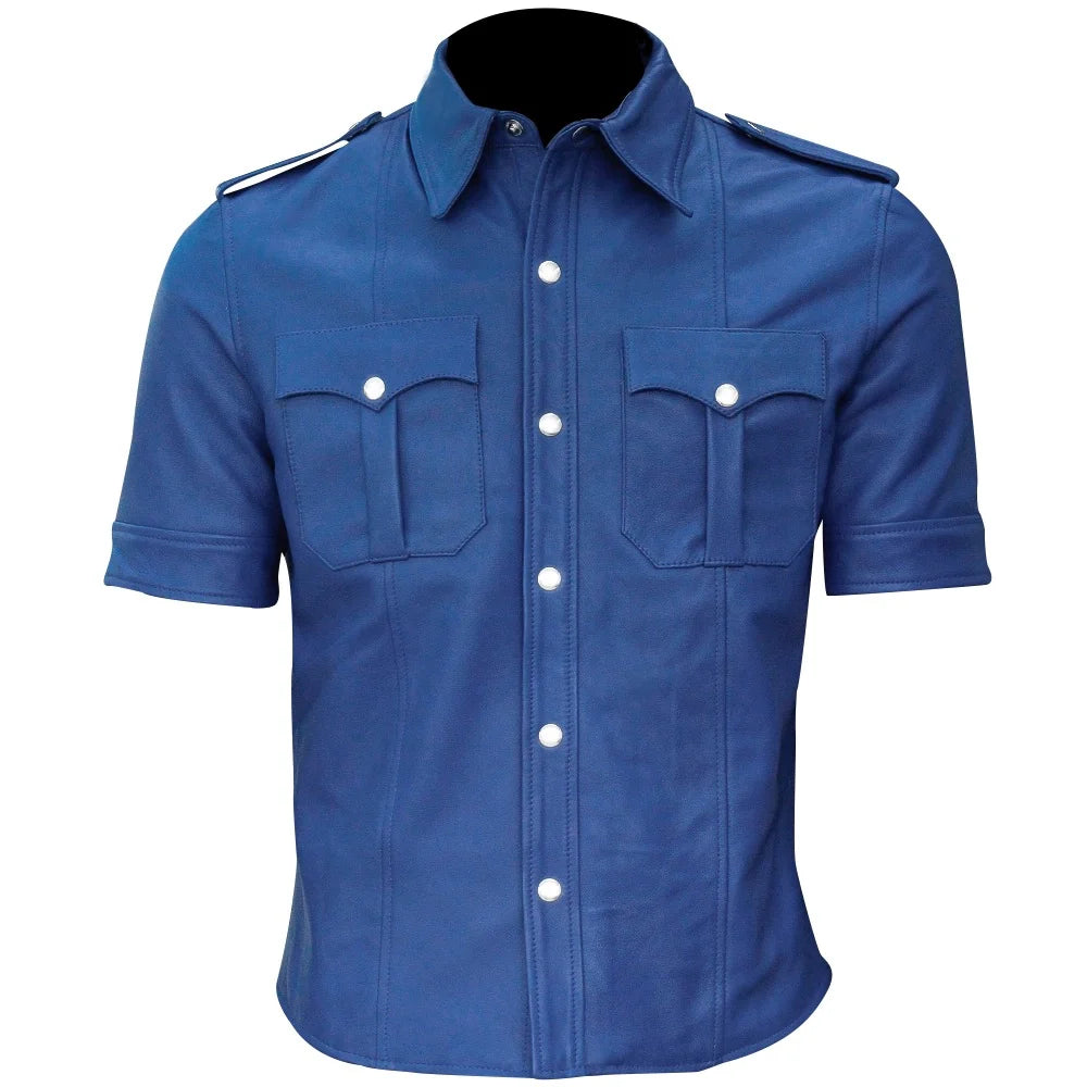 Blue shirt with short sleeves and button details on a white background