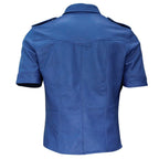 Blue leather jacket on a white background