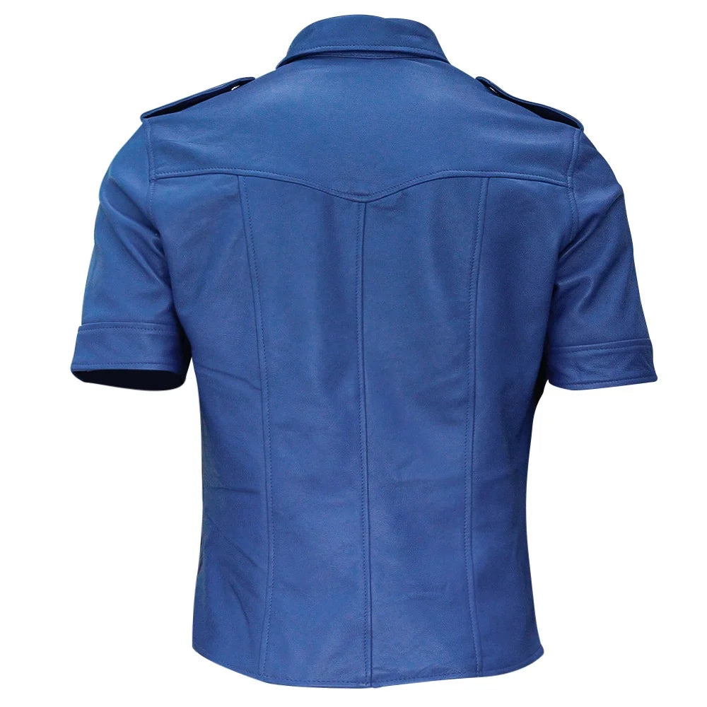 Blue leather jacket on a white background
