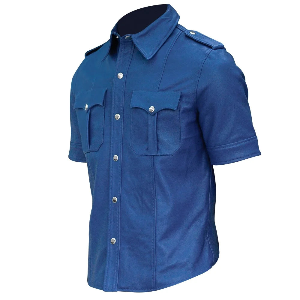 Blue leather jacket with short sleeves on a white background