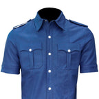 Blue uniform shirt with short sleeves on a white background