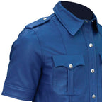 Close-up of a blue jacket with a pocket and buttons on a white background