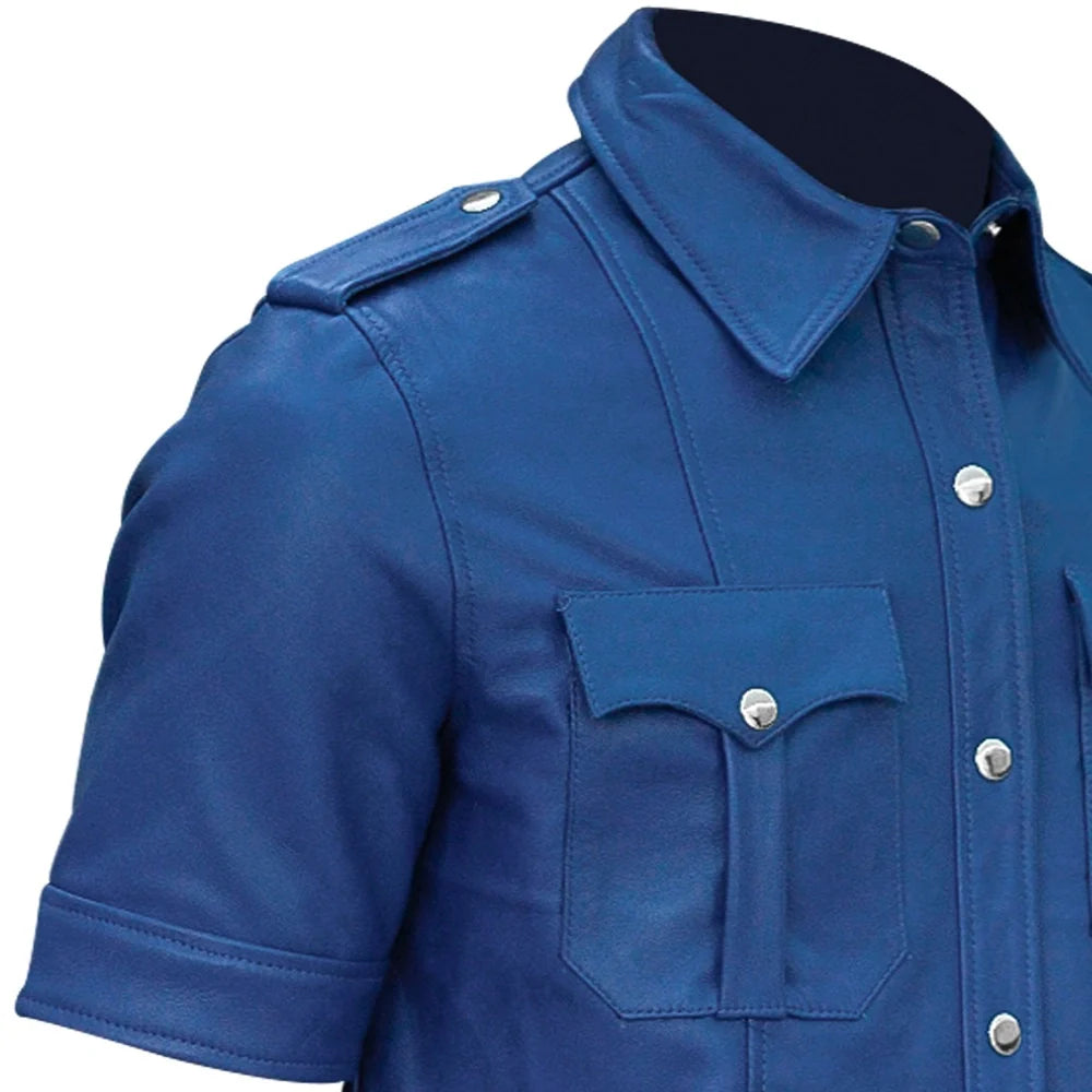 Close-up of a blue jacket with a pocket and buttons on a white background